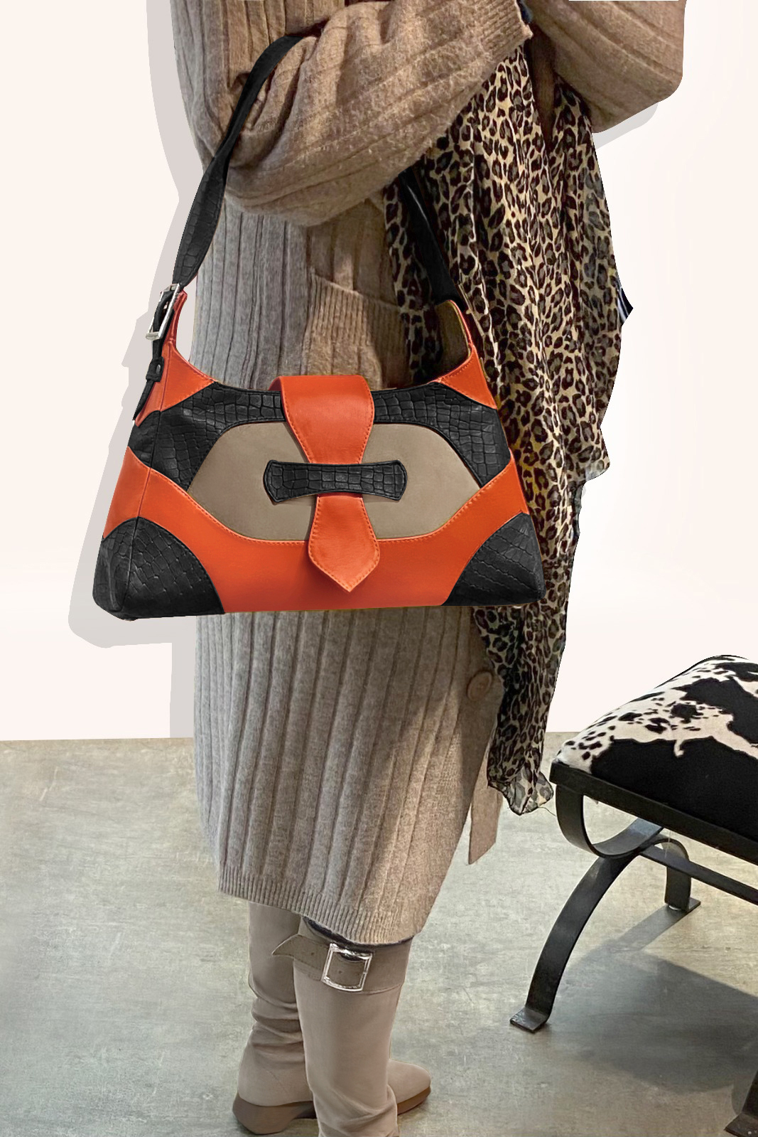 Satin black, tan beige and clementine orange women's dress handbag, matching pumps and belts. Worn view - Florence KOOIJMAN